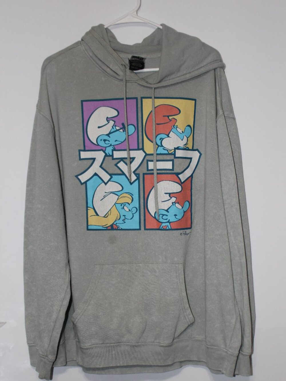 The Smurfs Men’s 2XL Gray Graphic Hoodie Japanese Text Peyo Cartoon Pullover